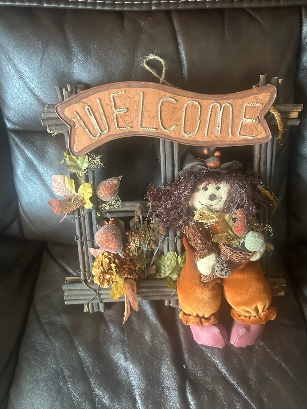 Vintage wooden fall door hanging scarecrow harvest twig cottage Halloween